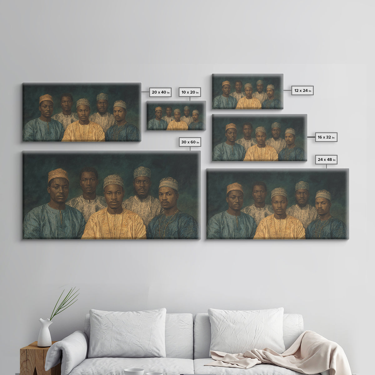 Five African Men In Gold Caps Framed Canvas Print, Textured Royal Portrait Wall Art, Blue Earth Tone Cultural Decor Gift