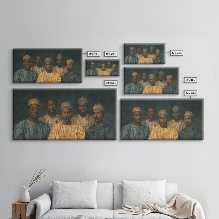 Five African Men In Gold Caps Framed Canvas Print, Textured Royal Portrait Wall Art, Blue Earth Tone Cultural Decor Gift