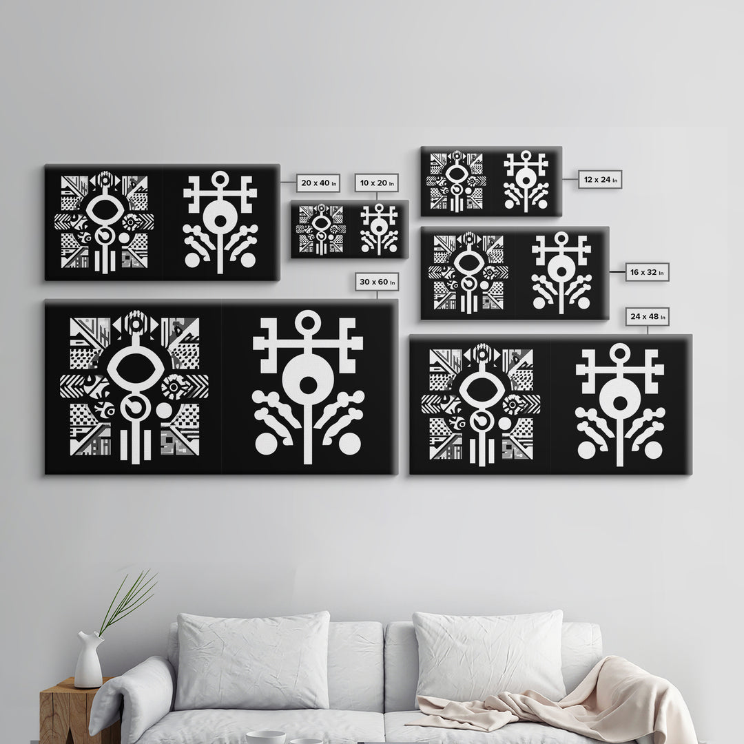Black And White Adinkra Symbol Wall Art, African Tribal Abstract Canvas Print, Geometric Spiritual Decor, Bold Pattern Gift