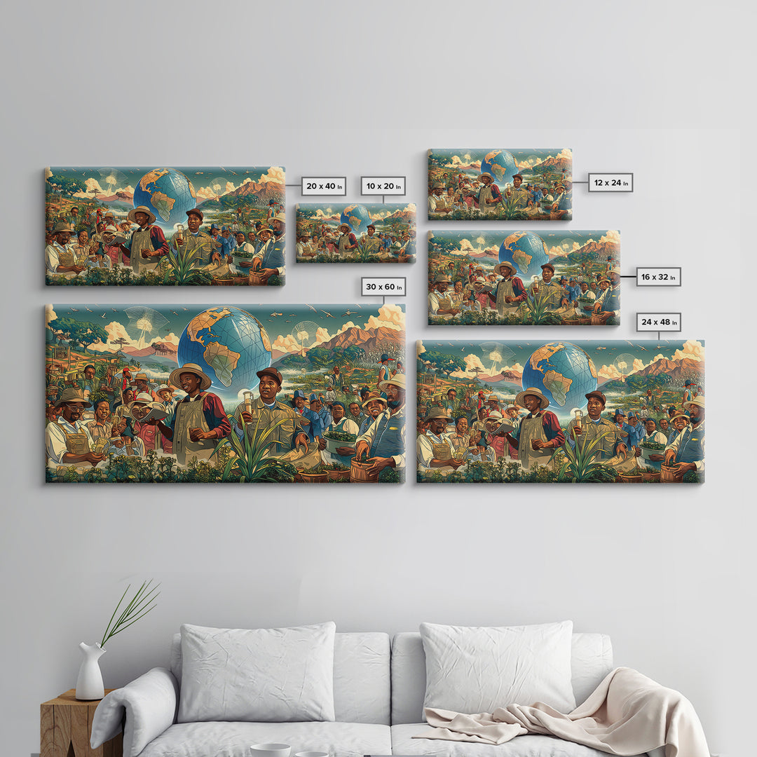 Joyful African Farmers And Floating Globe Wall Art, Afrofuturism Decor, Cultural Art Print, Colorful Africa Poster Print