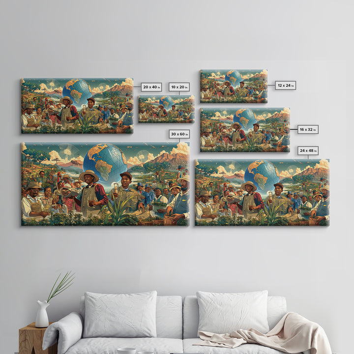 Joyful African Farmers And Floating Globe Wall Art, Afrofuturism Decor, Cultural Art Print, Colorful Africa Poster Print