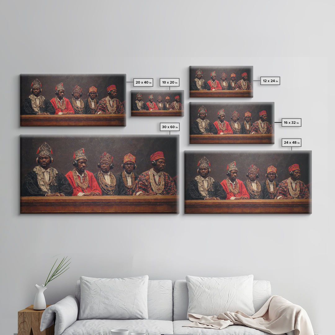 Traditional African Tribunal With Ornate Hats Wall Art, Tribal Queen Art, Cultural Portrait, Black History Gift, Bold Decor