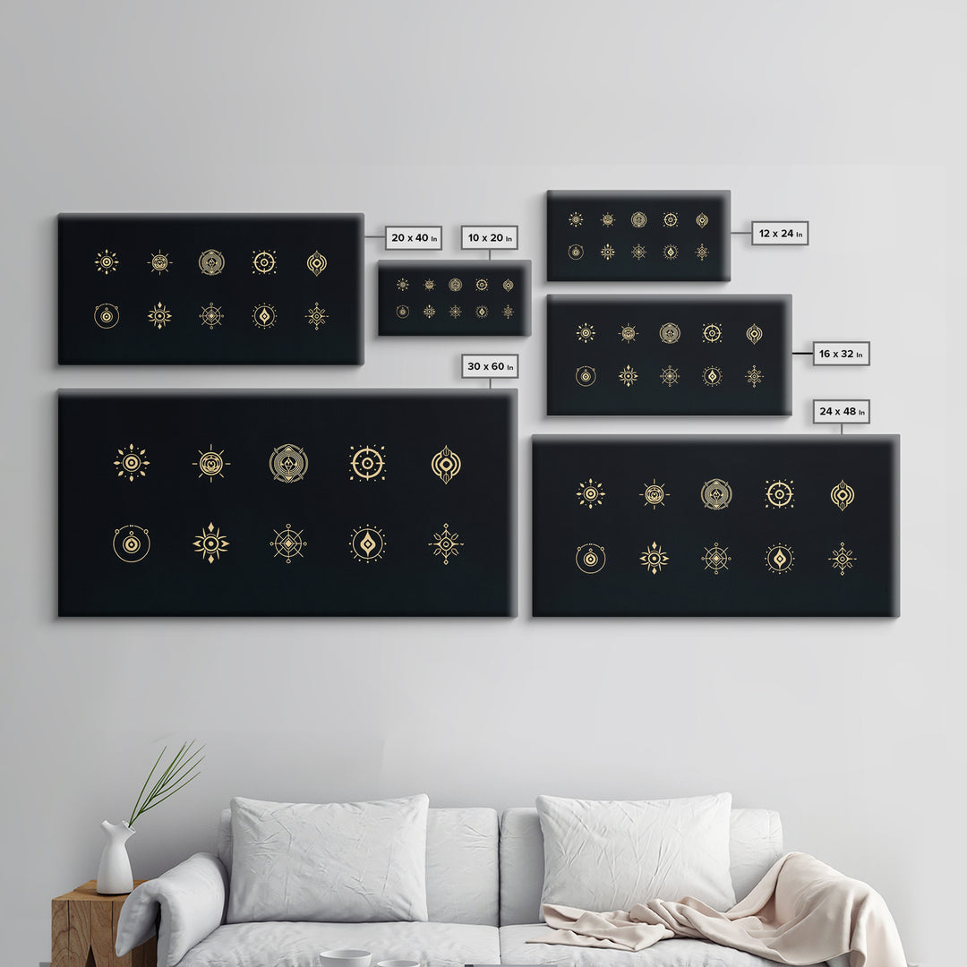 Gold African Tribal Sun Symbols On Black Canvas Print, Minimalist Afrocentric Wall Art, Spiritual Decor, Ethnic Pattern Art