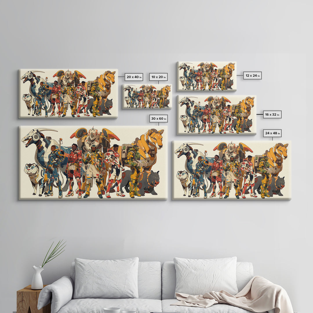 Futuristic African Riders Wall Art, Afrofuturism Canvas Print, Animal Warrior Art Decor For Kids Gaming Room Gallery Decor