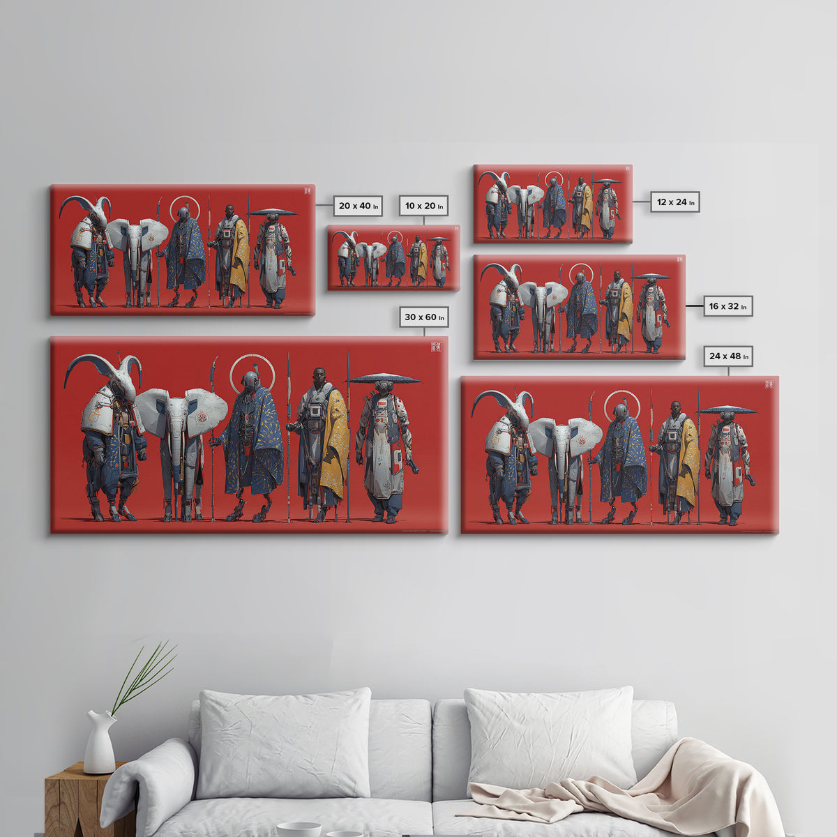 Afrofuturist Warriors With White Elephant Framed Canvas Print, African Warrior Art, Afrocentric Wall Art, Bold Home Decor