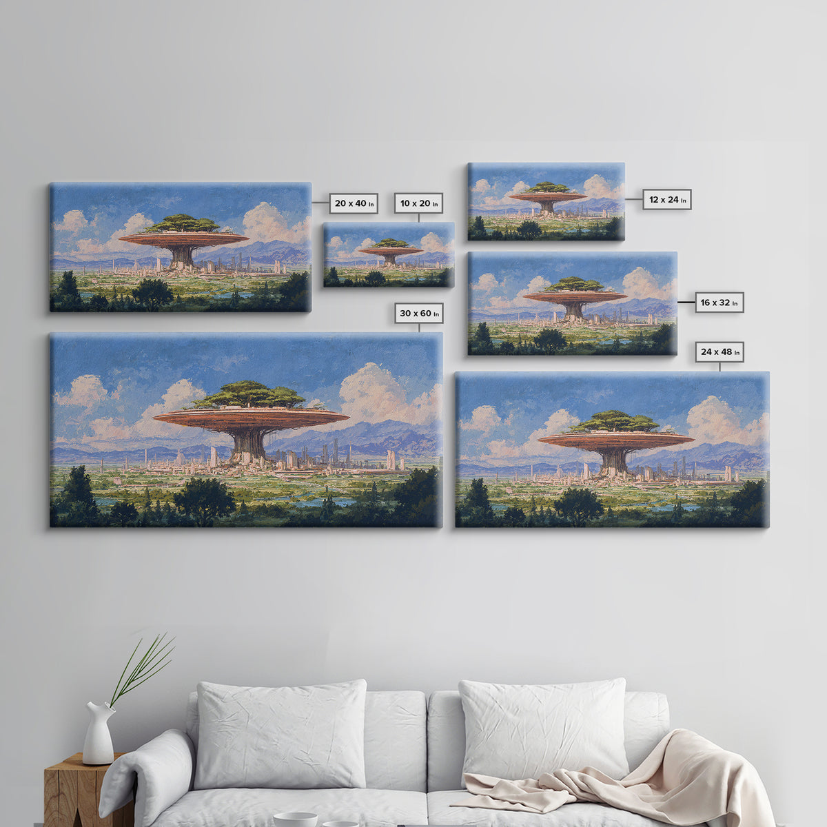 Floating Acacia Tree City Under Blue Sky Canvas Print, African Landscape, Modern Canvas Art, Serengeti Wall Art, Unique Home Decor