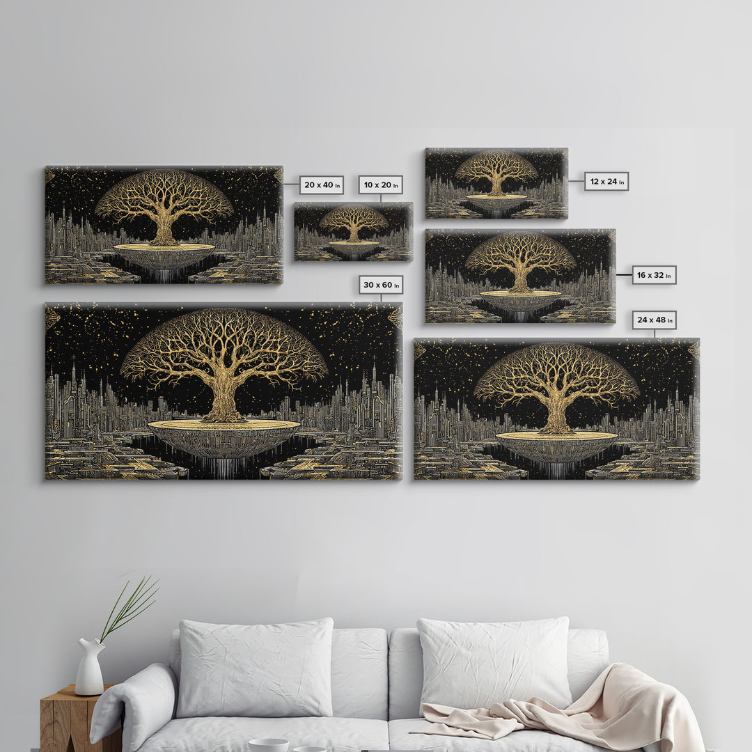 Golden Tree Of Life Over Futuristic City Wall Art, Black And Gold Art, Spiritual Wall Art, African Inspired, Statement Decor