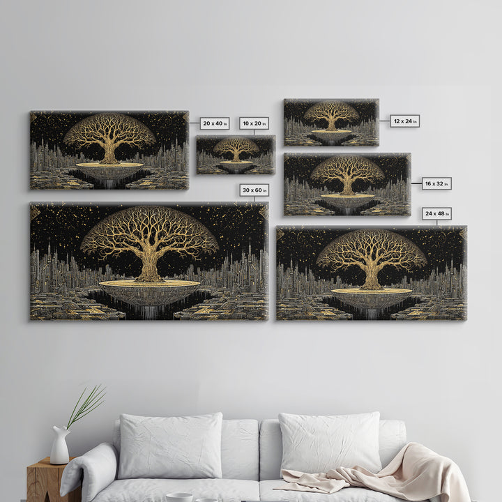 Golden Tree Of Life Over Futuristic City Wall Art, Black And Gold Art, Spiritual Wall Art, African Inspired, Statement Decor