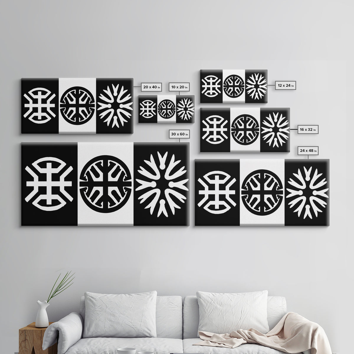 Black White Tribal Symbols Framed Canvas Print, Geometric Abstract Wall Art, African Inspired Decor, Minimalist Office Art