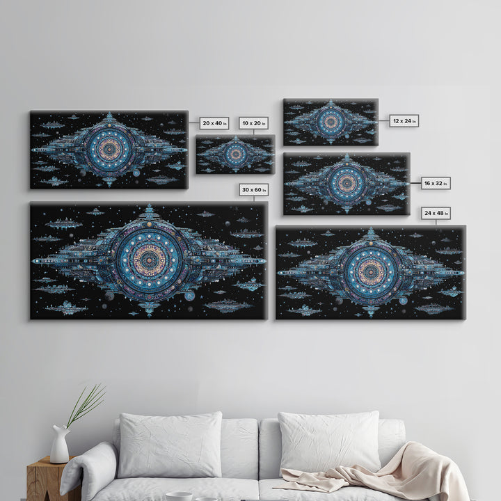 Ornate Cosmic Space Station Canvas Print, Blue Sci Fi Mandala Wall Art, Futuristic Digital Art, Modern Office Decor Gift