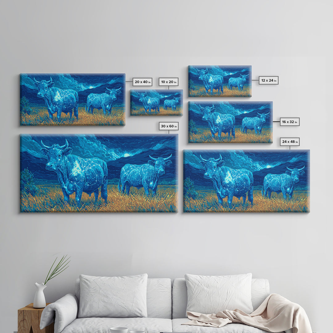 Glowing Blue Bulls In Moonlit Field Wall Art, Animal Landscape Painting, Nature Canvas Decor, Rustic Farmhouse Gift For Home