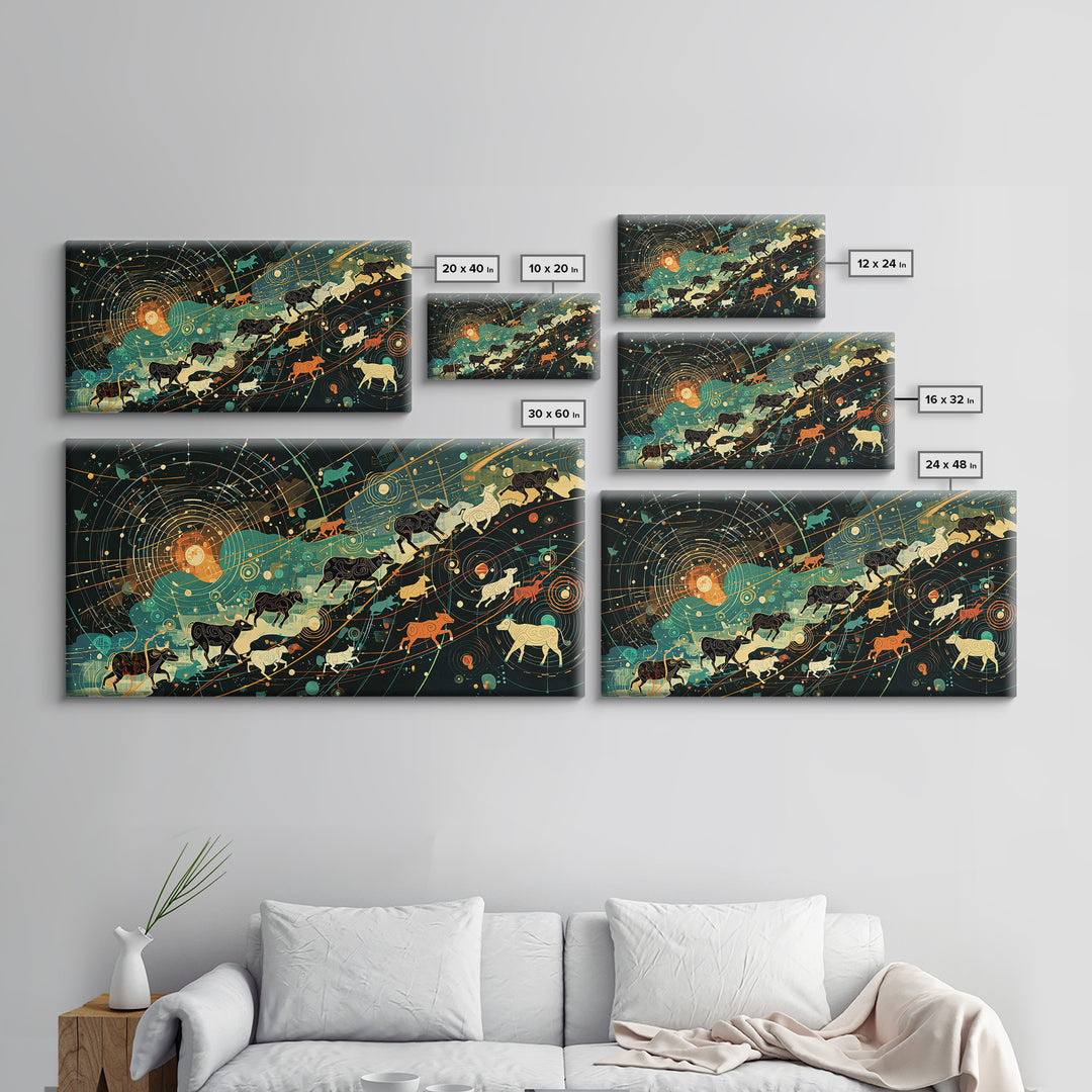 Cosmic Cattle Migration Canvas Print, Abstract Animal Wall Art, Modern Farm Decor, Earth Tone Office Art, Unique Home Gift