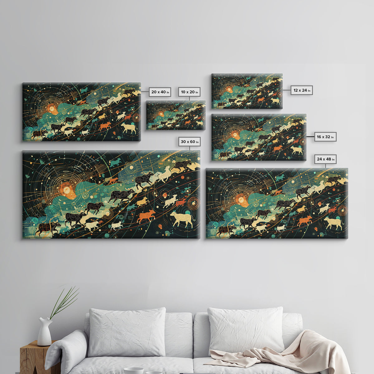Cosmic Cattle Migration Canvas Print, Abstract Animal Wall Art, Modern Farm Decor, Earth Tone Office Art, Unique Home Gift