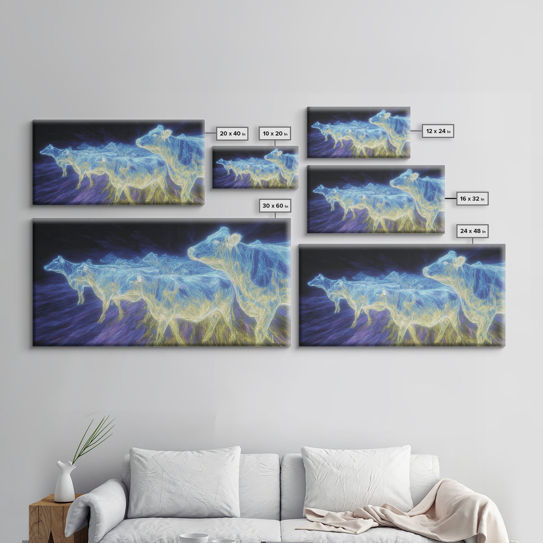Electric Blue Cows Framed Canvas Print, Glowing Animal Wall Art, Modern Digital Farm Decor, Statement Office Art, Blue Home Decor