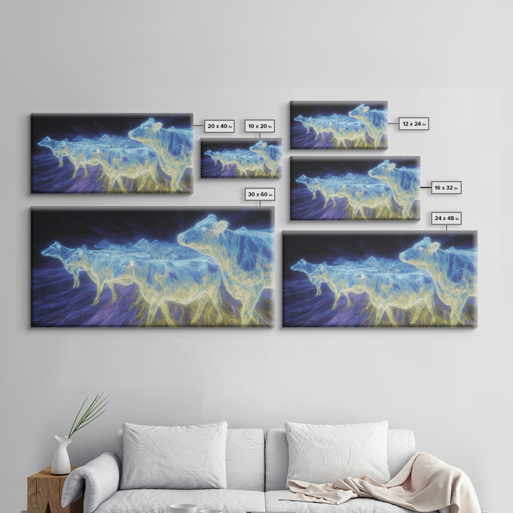 Electric Blue Cows Framed Canvas Print, Glowing Animal Wall Art, Modern Digital Farm Decor, Statement Office Art, Blue Home Decor