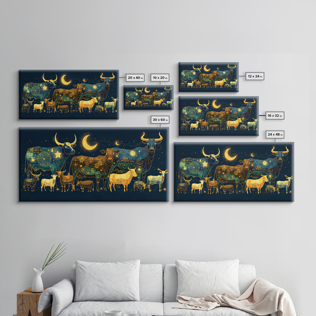 Celestial Folk Cattle And Goats Wall Art, Gold Blue Animal Canvas Decor, Moon Stars Farm Painting, Boho Home Decor Gift For Her
