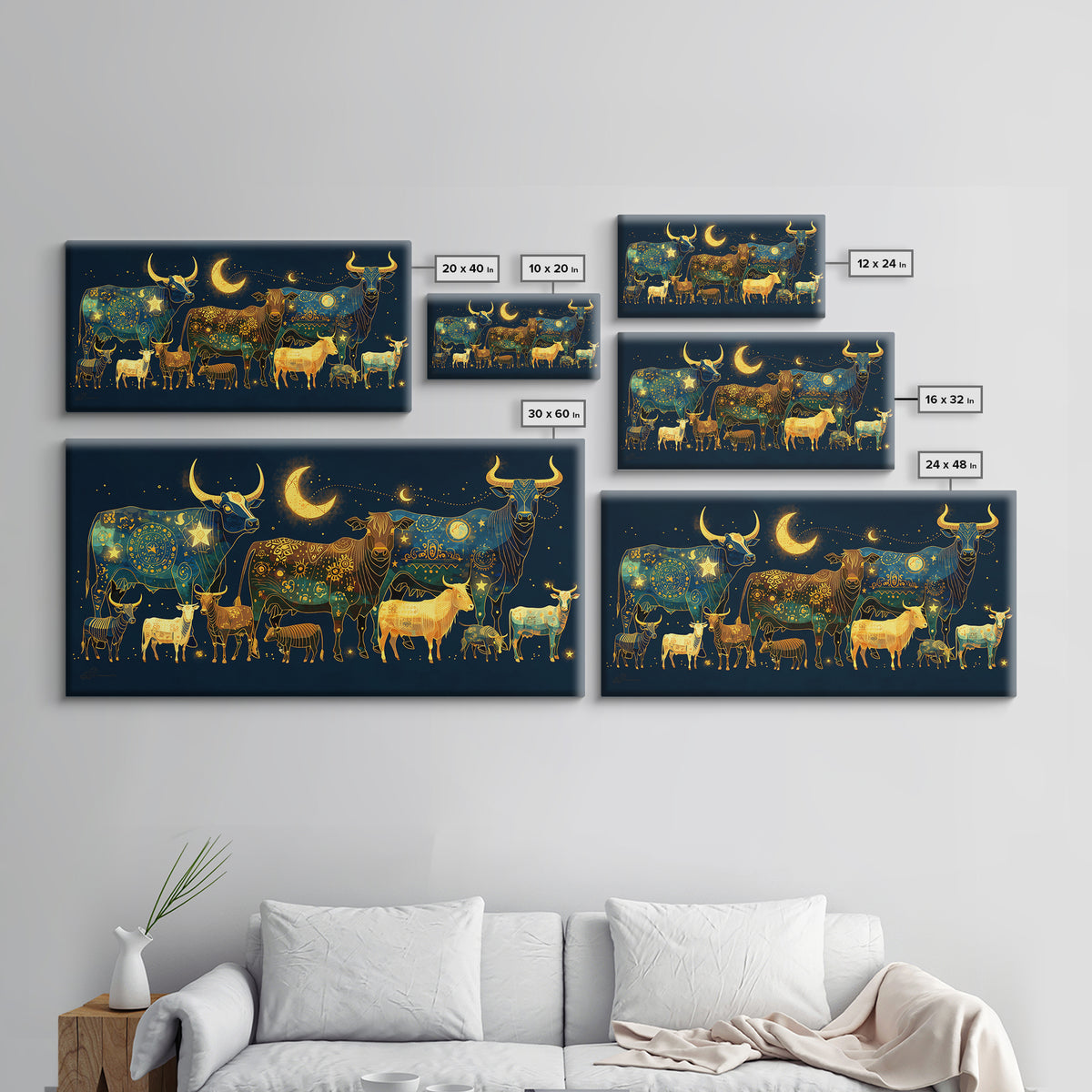Celestial Folk Cattle And Goats Wall Art, Gold Blue Animal Canvas Decor, Moon Stars Farm Painting, Boho Home Decor Gift For Her