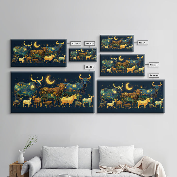 Celestial Folk Cattle And Goats Wall Art, Gold Blue Animal Canvas Decor, Moon Stars Farm Painting, Boho Home Decor Gift For Her