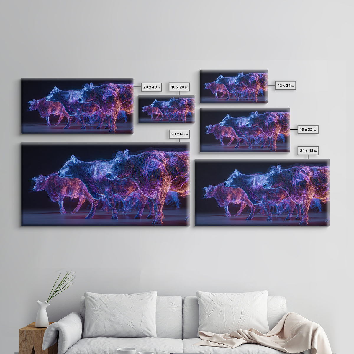 Neon Blue And Purple Cows Canvas Print, Glowing Animal Wall Art, Modern Digital Farm Decor, Bold Office Art, Unique Gift
