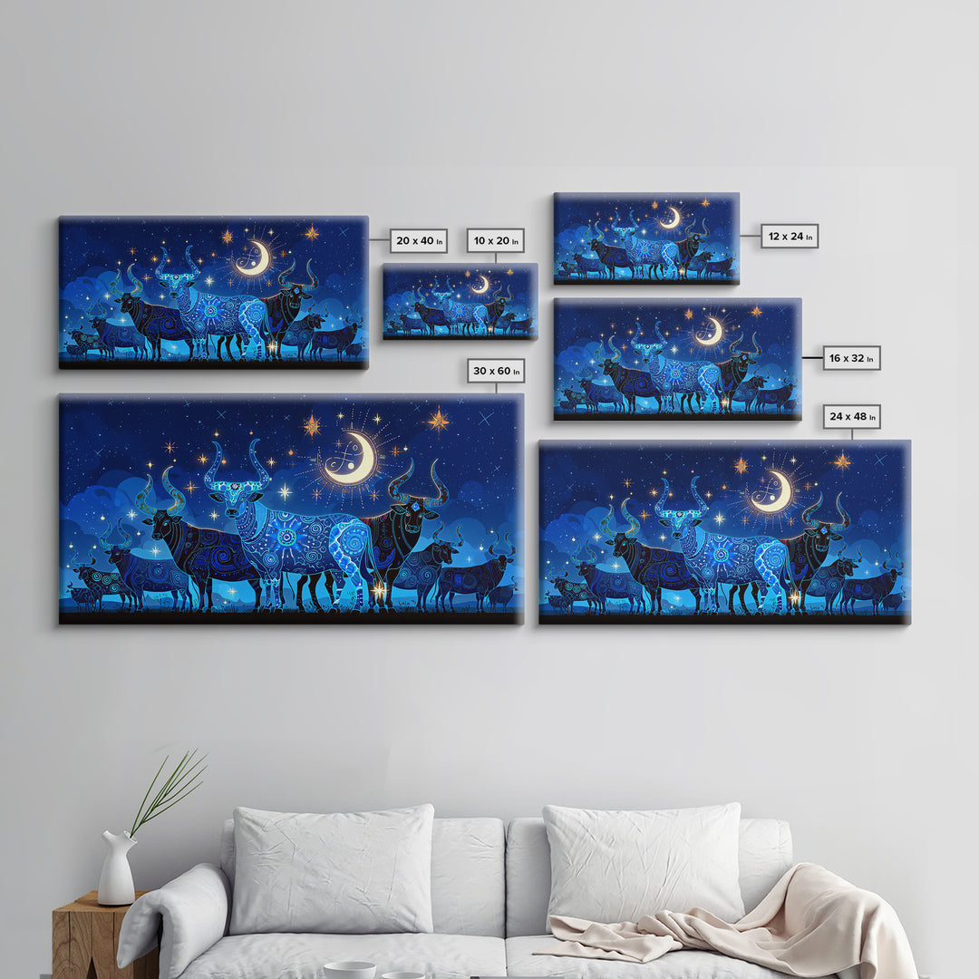 Starry Blue Cattle Under Crescent Moon Wall Art, Celestial Animal Canvas Decor, Night Sky Painting, Boho Home Decor Gift