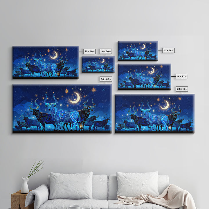 Starry Blue Cattle Under Crescent Moon Wall Art, Celestial Animal Canvas Decor, Night Sky Painting, Boho Home Decor Gift