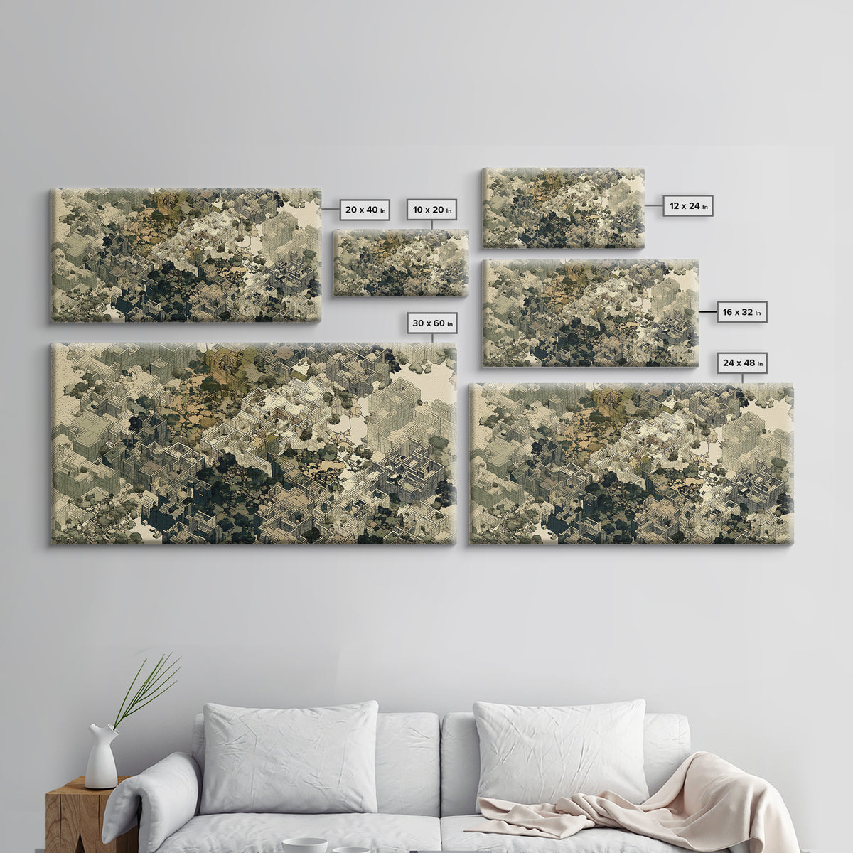 Sepia Isometric Floating City Canvas Print, African Inspired Urban Architecture, Abstract Wall Decor, Modern Office Art Gift