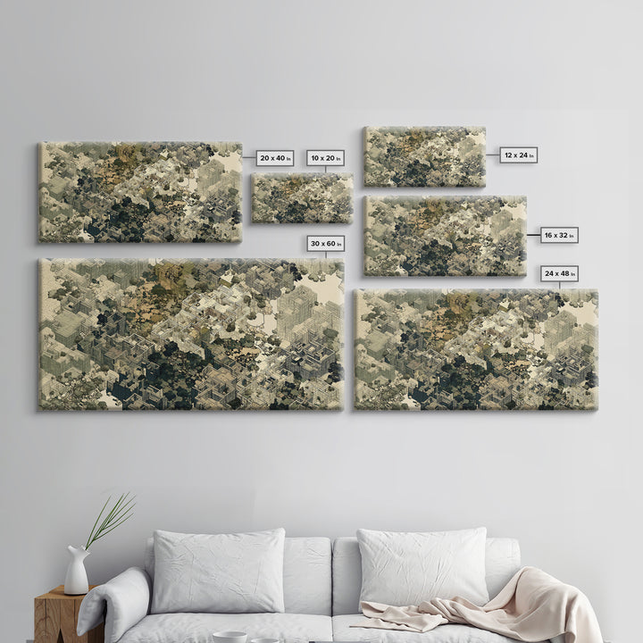 Sepia Isometric Floating City Canvas Print, African Inspired Urban Architecture, Abstract Wall Decor, Modern Office Art Gift