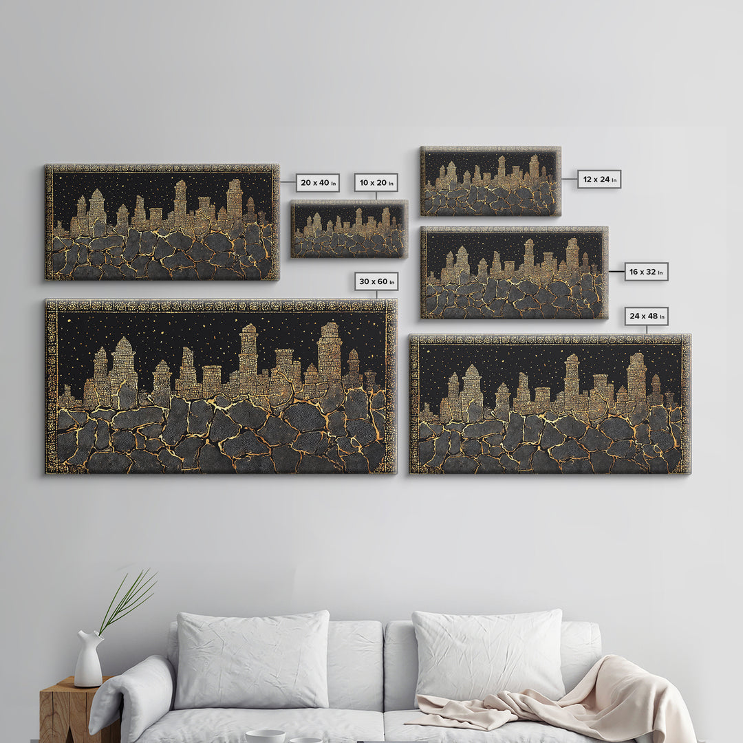 Black Gold Skyline And Cracked Earth Wall Art, African Inspired Cityscape, Luxury Canvas Decor, Bold Statement Home Decor