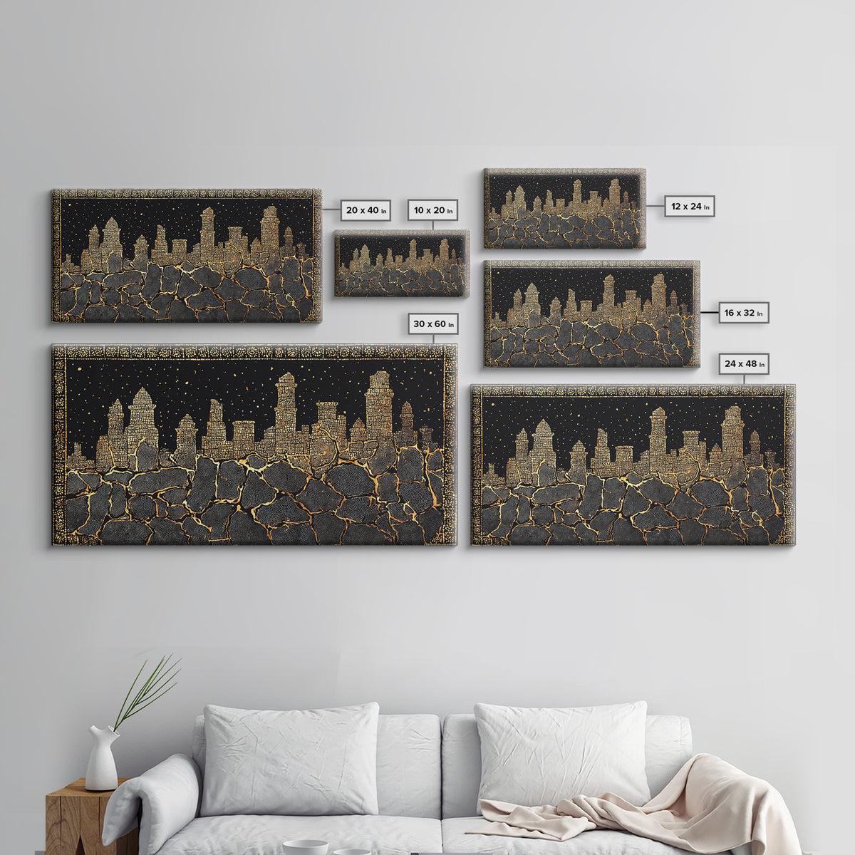 Black Gold Skyline And Cracked Earth Wall Art, African Inspired Cityscape, Luxury Canvas Decor, Bold Statement Home Decor