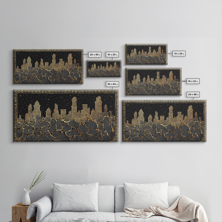 Black Gold Skyline And Cracked Earth Wall Art, African Inspired Cityscape, Luxury Canvas Decor, Bold Statement Home Decor