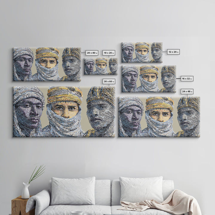 North African Tuareg Portrait Trio Canvas Print, Blue Desert Nomad Wall Art, Modern African Art Prints For Home Decor Gift