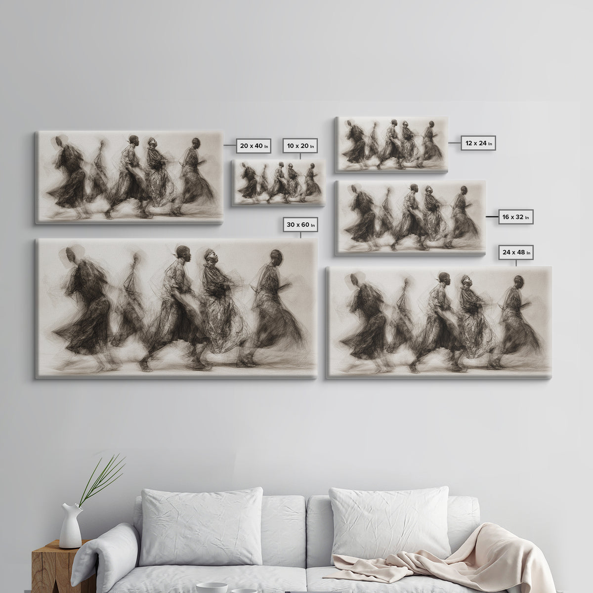 Charcoal African Procession Silhouettes Wall Art, Traditional African Decor, Cultural Canvas Print For Living Room Home Decor Gift