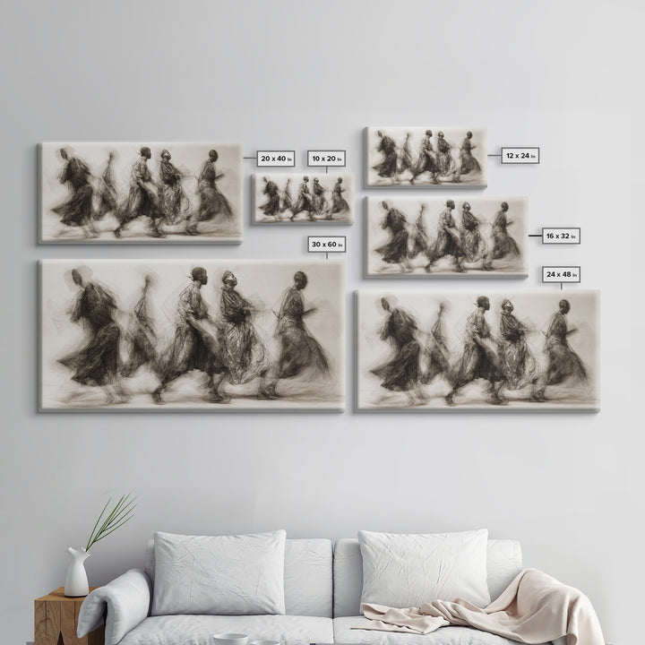 Charcoal African Procession Silhouettes Wall Art, Traditional African Decor, Cultural Canvas Print For Living Room Home Decor Gift