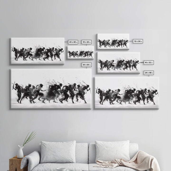 African Warrior Riders In Bold Black Ink Wall Art, Tribal Battle Canvas Print, Black And White Statement Decor Gift For Office