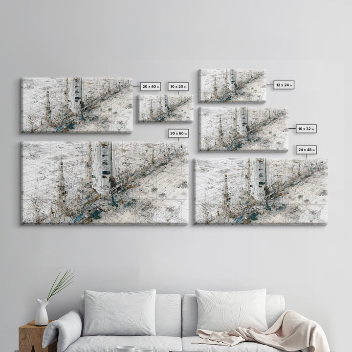 White Abstract City Map Canvas Print, Geometric Architecture Wall Art, Minimalist Modern Office Decor Gift For Home And Living Room
