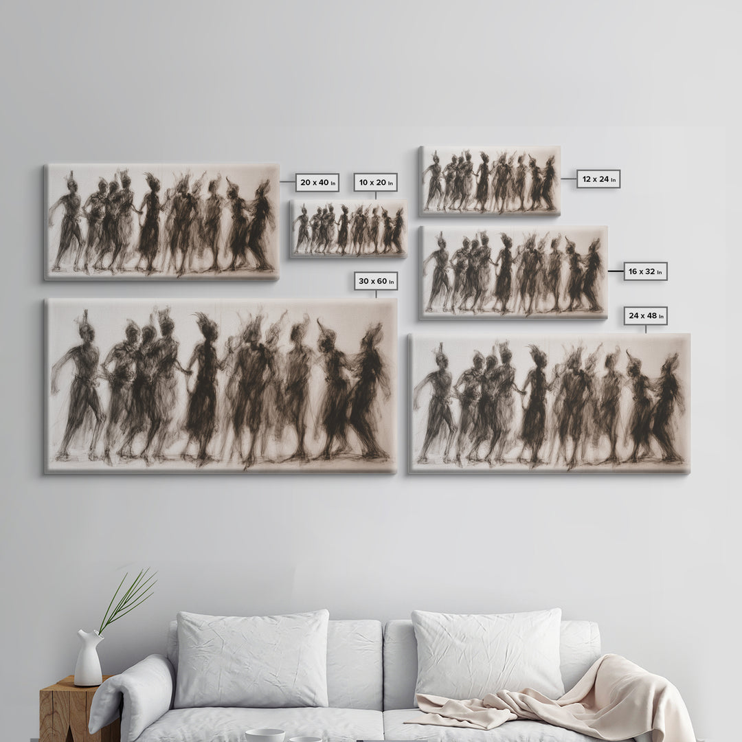 Charcoal African Women Dance Silhouettes Wall Art, Feminine Cultural Canvas Print, Afrocentric Decor Gift For Home Living Room