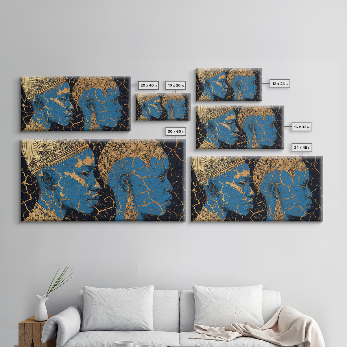 Blue And Gold Cracked African Faces Wall Art, Modern Afrocentric Canvas Print For Luxury Decor, Cultural Home Decor Gift