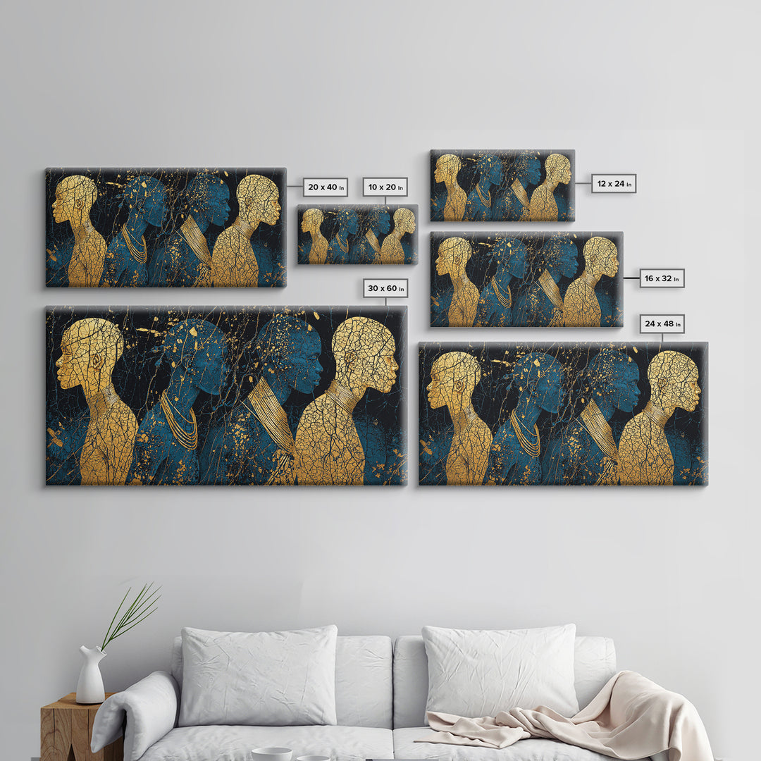 Gold And Teal African Women Silhouettes Wall Art, Afrocentric Black Woman Portrait, Luxury Canvas Decor, Black Gold Print