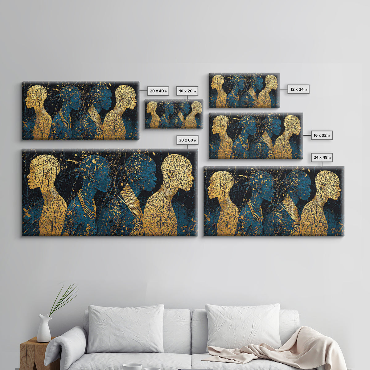 Gold And Teal African Women Silhouettes Wall Art, Afrocentric Black Woman Portrait, Luxury Canvas Decor, Black Gold Print