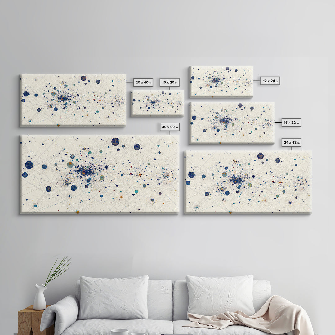 Cream Blue Gold Dot Constellation Network Wall Art, Abstract Geometric Canvas Print, Minimalist Modern Office Decor Gift