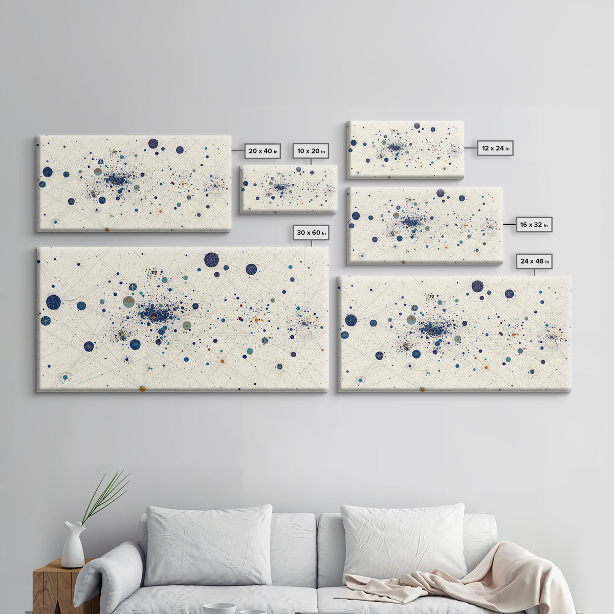 Cream Blue Gold Dot Constellation Network Wall Art, Abstract Geometric Canvas Print, Minimalist Modern Office Decor Gift