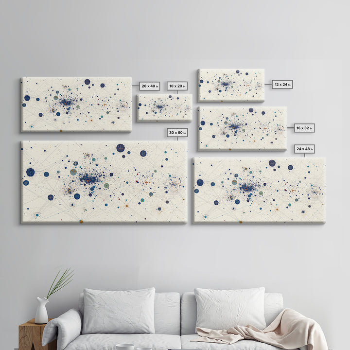 Cream Blue Gold Dot Constellation Network Wall Art, Abstract Geometric Canvas Print, Minimalist Modern Office Decor Gift