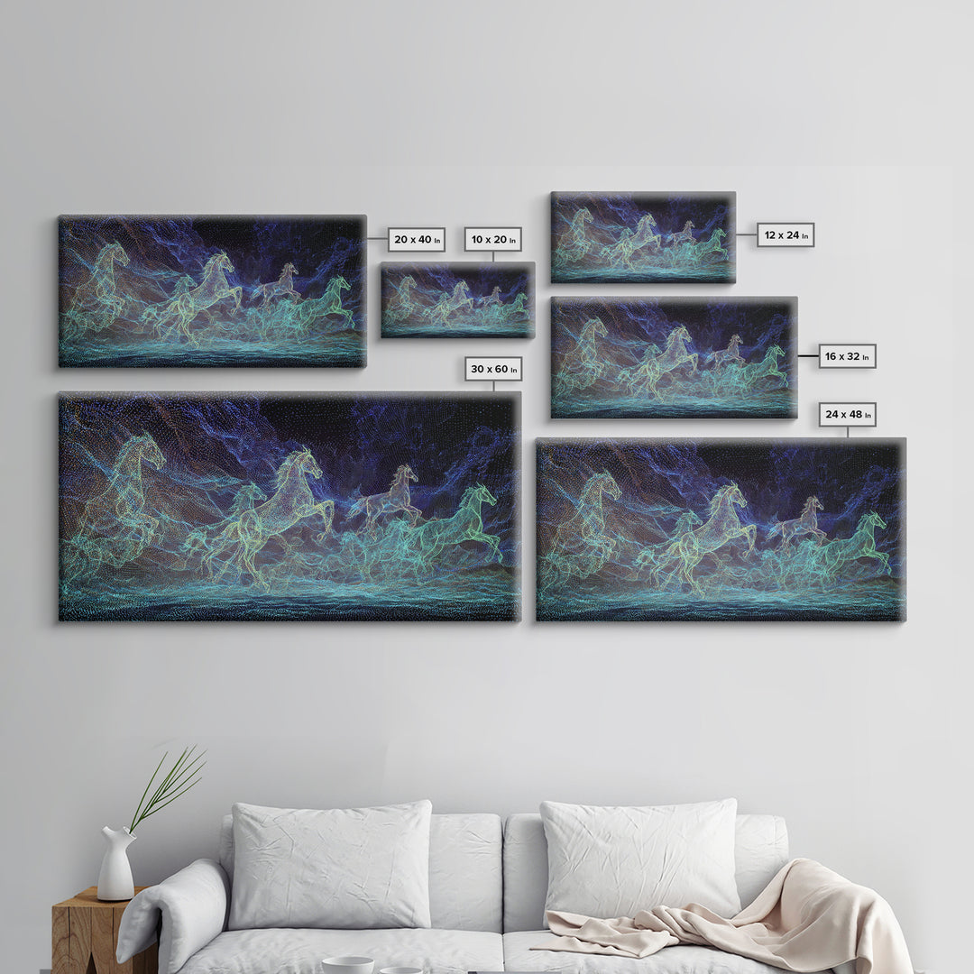 Neon Cosmic Running Horses Herd Canvas Print, Abstract Animal Wall Art, Blue Green Equine Decor, Mystical Modern Nature Gift