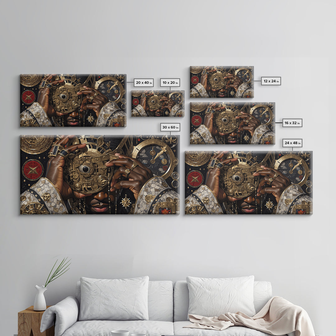 Afrofuturist Golden Mask Portrait Framed Canvas Print, African Wall Art, Black Culture Art, Luxury Afrocentric Home Decor
