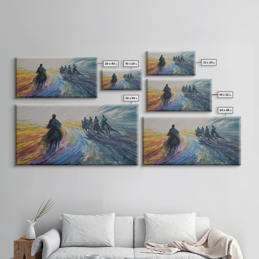 Galloping Horsemen Dawn Landscape Canvas Print, African Warrior Art, Dynamic Modern Wall Decor For Office And Living Room