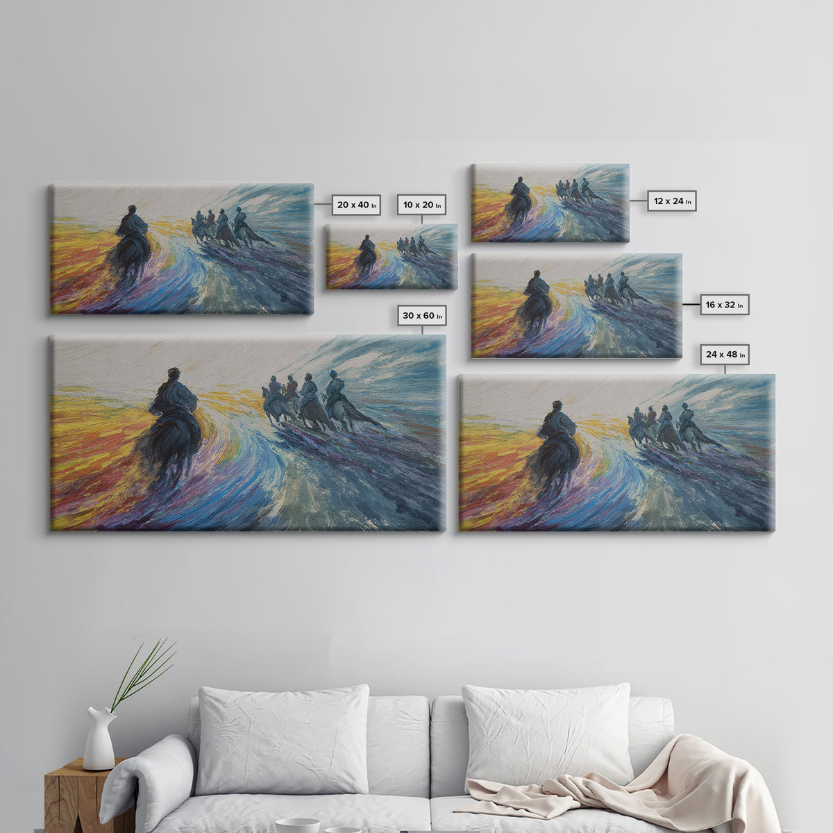 Galloping Horsemen Dawn Landscape Canvas Print, African Warrior Art, Dynamic Modern Wall Decor For Office And Living Room