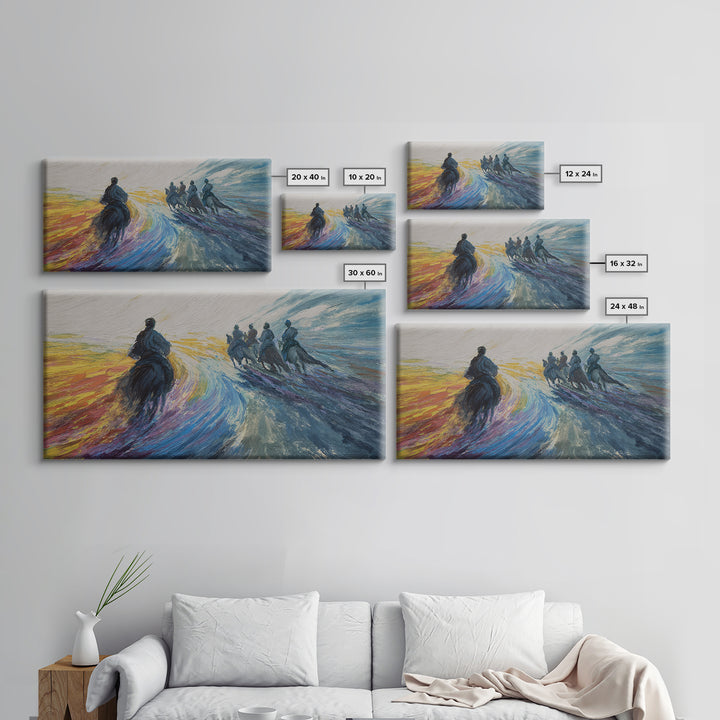 Galloping Horsemen Dawn Landscape Canvas Print, African Warrior Art, Dynamic Modern Wall Decor For Office And Living Room
