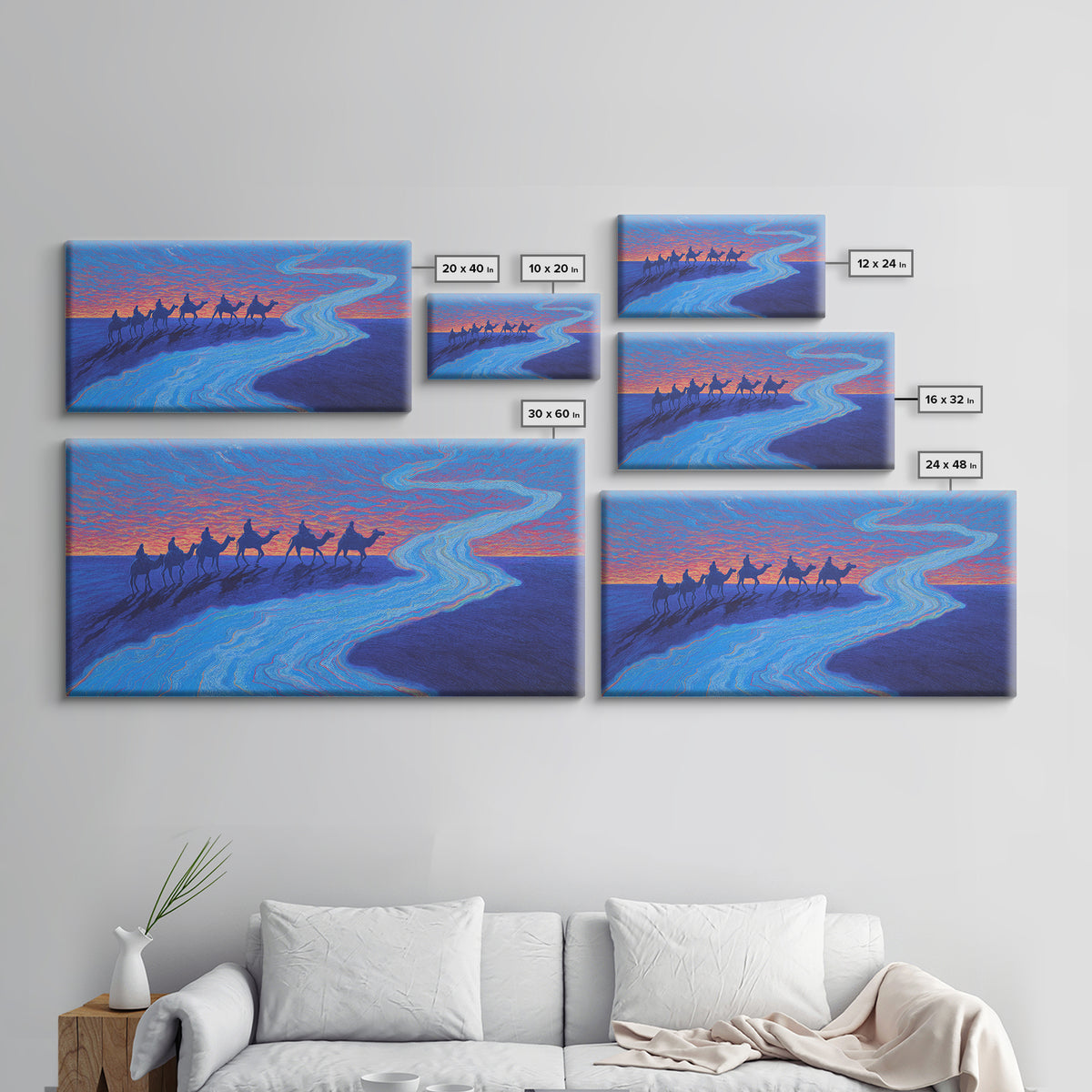 Camel Caravan Blue Desert Wall Art, African Safari Art Print, Dreamy Sunset Landscape For Boho Bedroom And Travel Decor Gift