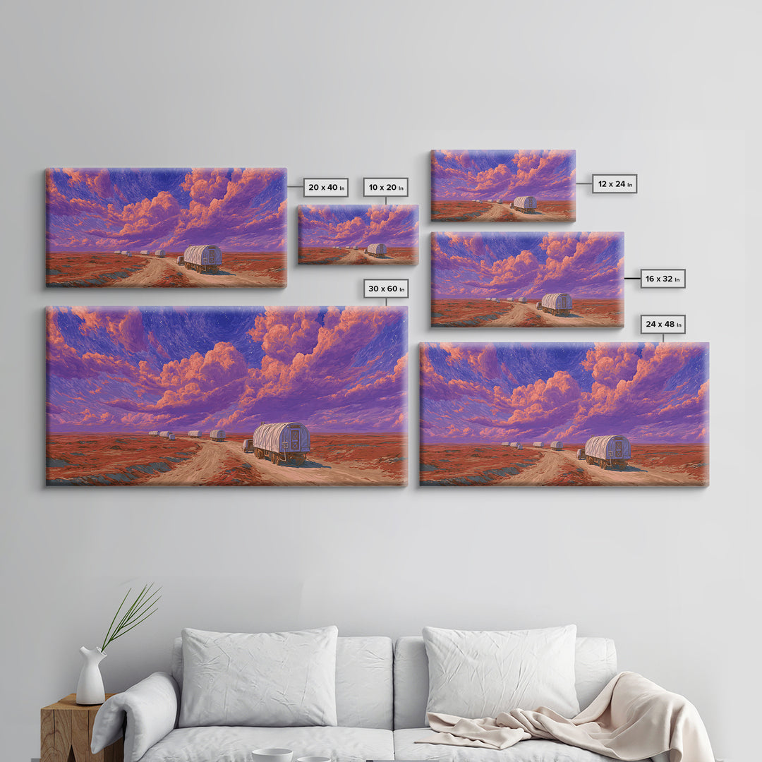Desert Wagons Under Purple Sky Canvas Print, African Landscape Wall Art, Modern Safari Travel Home Decor For Living Room