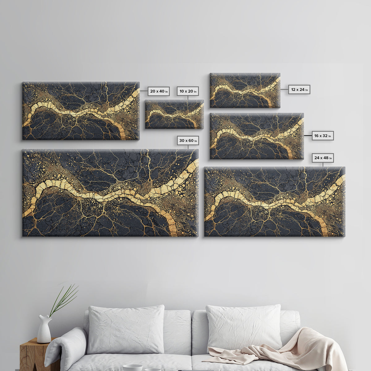 Black Gold Cracked Earth River Framed Canvas Print, Abstract African Art, Luxury Geometric Wall Decor For Modern Home Office